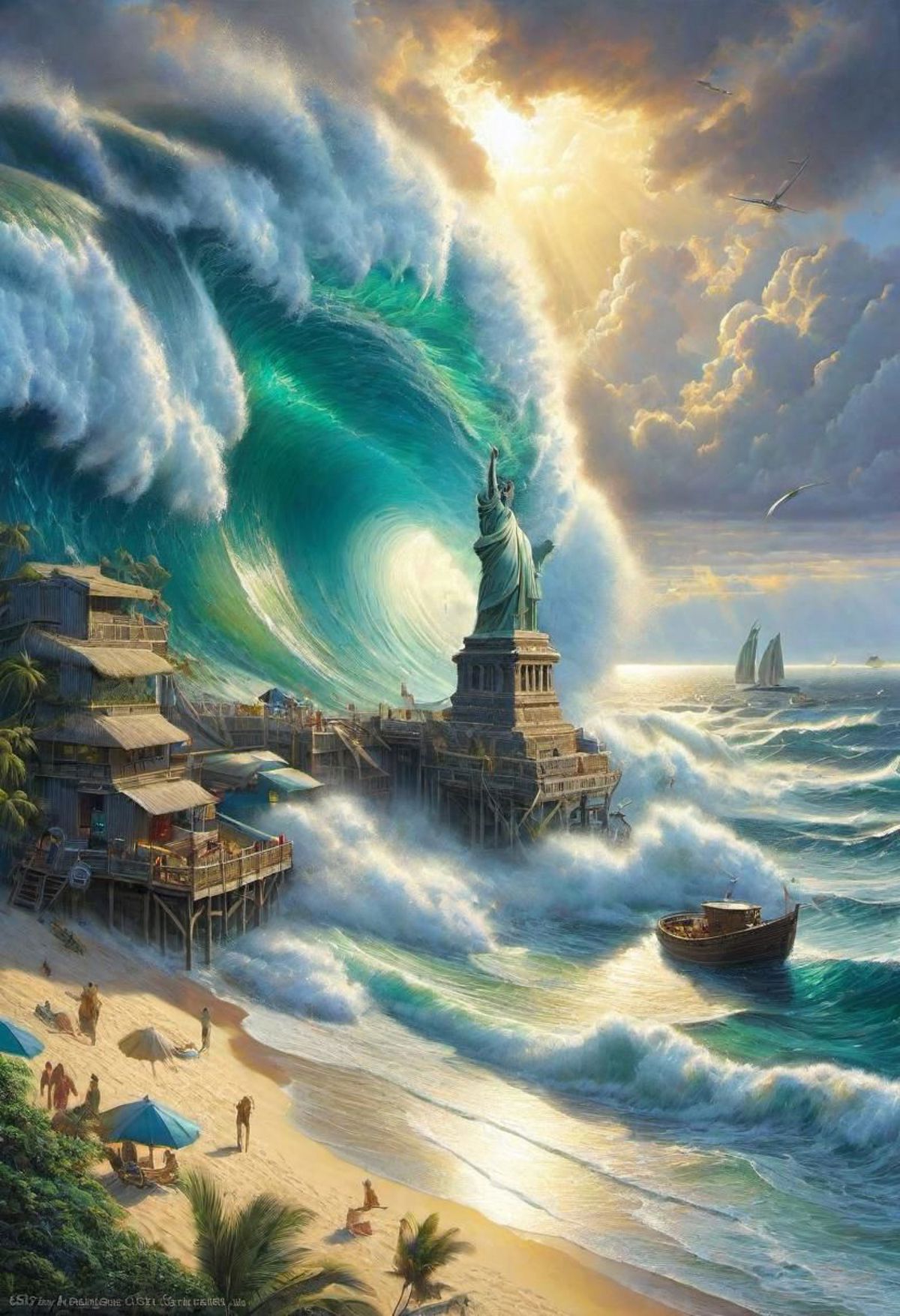 A painting of a huge wave crashing into a statue of liberty and a boat.