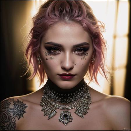 (a cute girl, 22 years old, pale skin ,  pink hair ,skinny:1.1),(big boobs , small nipples, Colombian hipster girl, edgy vibe, dark, mascara, eyeliner, dark cheeks, expressive lips, Unique facial piercings, alluring necklace, stylish sexy streetwear, alluring thighs, aesthetic tattoos on her body, almond shaped eyes, Dimples, strong eyeliner eyes ,Defined jawline, skin pores )