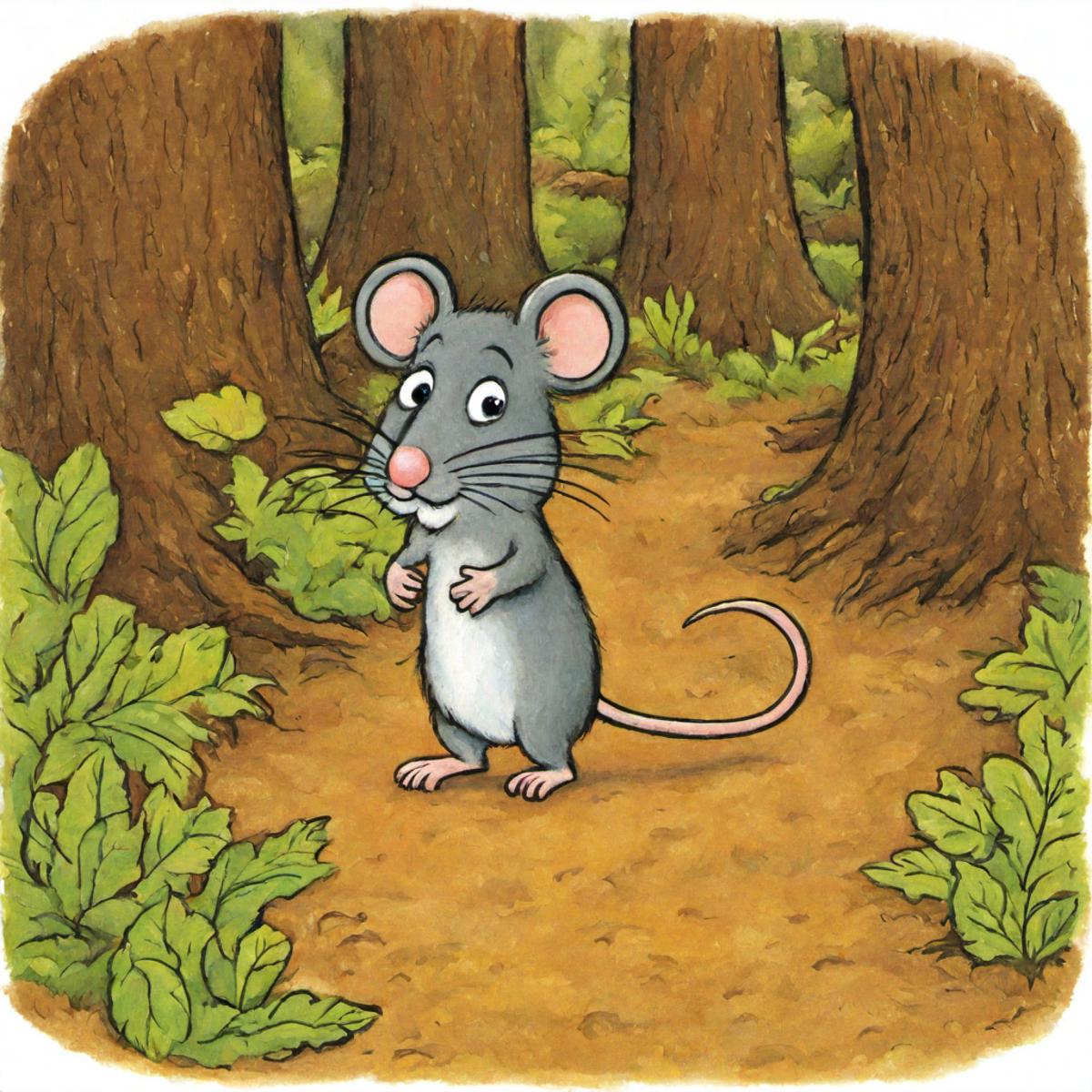 A cartoon mouse standing on a dirt path in the woods.