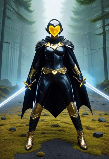 score_9,score_8_up,score_7_up,score_6_up,score_5_up,1girl, front_view,symmetrical,black bodysuit,yellow gemstones, my hero academia,toga_himiko,short hair,source_anime,twin buns, boku_no_hero_academia,blonde_hair,yellow_eyes,curvy, symbol-shaped_pupils,(heart shaped pupils),swords,(golden bracalets),spiked bracalets,long cape,gold gloves,feather trim cape,gold boots,obsidian bodysuit,fire_\(symbol\),sci-fi,death forest,moss,arsenal,elecricity,stage lights,death trees,abandon factory in background),floating orbs,(debris),dark dust clouds, flying soda can,(mossy machines),(television),missile,(spiked yelm),computer,carbon helmet,glowing visor,spiked dark coal helmet,thigh strap,traffic lights,traffic signal,black diamonds, gold necklace,(chains),bubbles,gold belt,gun case,holding an obsidian orb),weapon,shotgun,(bullet belt),(orbs:1.6),(bullets), gas mask,(jewelry),copper spheres,shoulder pads,(wide hips),(thick thighs),(thick legs),perfect hands,(hand signs),obsidian spheres,(motion lines:1.4),sweat,(??:1.4),long sword nailed in the floor,(trembling lines:1.4),(flying sweatdrops:1.4),forest, illustration,(thick outlines),(glowing eyes),destroyed robots, masterpiece,best quality,newest,absurdres,best shadows,light particles,highly detailed background,amazing quality,detailed face,highly detailed skin,very detailed clothes,emphasis lines, very aesthetic,high quality,detailed eyes,dynamic angle, <lora:add-detail-xl:2>,cf_style
<lora:Styles\SDXL\Carbon_Fiber_Style_SDXL_-_Snoodler>