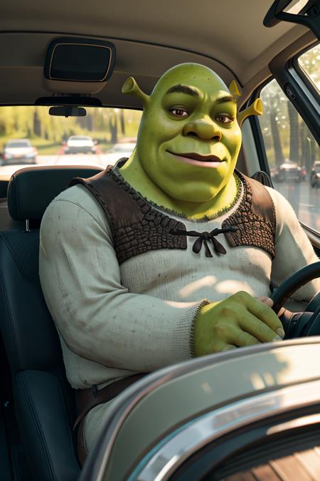 portrait picture of (shrex:1.1) <lora:ShrekDoguVersion2:0.9>    (driving  in a car:1.2), 8k uhd, dslr, high quality, film grain, Fujifilm XT3