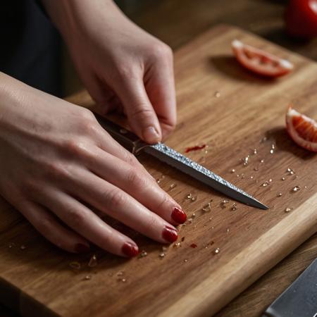 A close-up scene of a woman intentionally cutting her finger with a sharp kitchen knife on a wooden cutting board. The frame captures intricate details: the glistening blade, droplets of fresh red blood contrasting with her pale skin, and the texture of the wooden surface smeared with blood. Her fingers, delicate and slightly trembling, show the subtle outlines of veins beneath the skin. The light in the scene is natural, streaming through a nearby window, emphasizing both the metallic sheen of the knife and the realism of the incident. The focus is on capturing the intricacy of the moment, framed with a clinical, observational style, 8k candid photography.