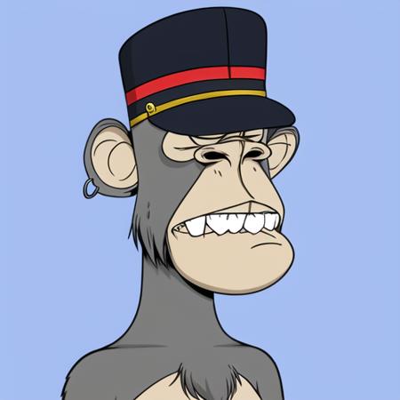 BAYC, ape, solo, flat blue background, showing teeth, military hat, silver hoop earring, gray fur, <lora:BAYC_LoRA:0.75>