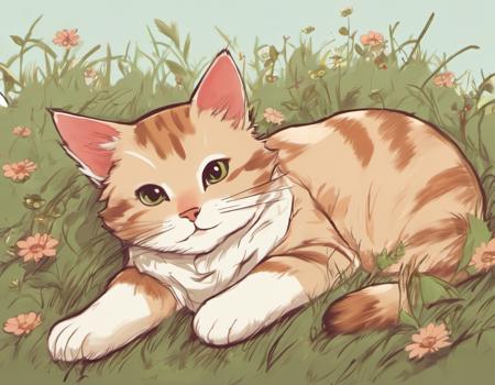 a cute cat lying in grass,   jsmn style <lora:jsmnStyle:1>