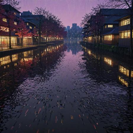 (stylized by Tsubasa Nakai:1.0) , anime key visual, award winning, shoulder-level shot of a ("The City of Passion":1.3) , it is very Sharp and Doubtful, fall lake with Bark, Raining, FOV 90 degrees, Graphic novel, Lustful, Pop Art, spotlight, 50mm, CineColor, glimmering transformation, concept art, arthouse, trending on artstation