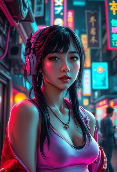 A portrait of a cyberpunk asian girl character in a neon-lit urban environment . The scene is detailed and realistic, emphasizing the futuristic, cyberpunk  aesthetic. The setting is immersive, with intricate details like holographic displays