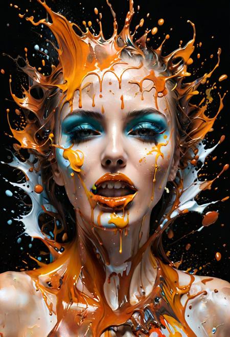 a woman with a big splash of paint all around  it's face,  Background with more painting splash in an intricate spill that leaves the canvas on a 3D s, masterful digital art, spilling juice, caramel, splash image, adi granov, bioart, strong and ferocious, art photograph, smooth drawing, dew, digital screenshot, artistic rendering.