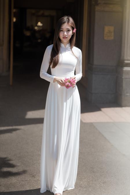 1girl, aodai white, photo art, (flower:1.2), <lora:aodai_white_SD_chiasedamme_v01:0.6>, a stunning photo with beautiful saturation, ultra high res,(realistic:1.4)),deep shadow,(best quality, masterpiece), pale skin, dimly lit, shade, flustered, blush, highly detailed, skinny, BREAK depth of field, film grain, wrinkled skin, looking at viewer, knee, warm smile, (full body:1.2) masterpiece,ultra realistic,32k,extremely detailed CG unity 8k wallpaper, best quality