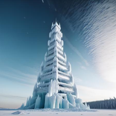<lora:Fr0stWrld4>, fr0stwrld, massive tower, (made out of ice:2), in a snow covered land, (shot from base of tower:2), angled upward, shot from low and close:, (from_below:2), cinematic_angle,