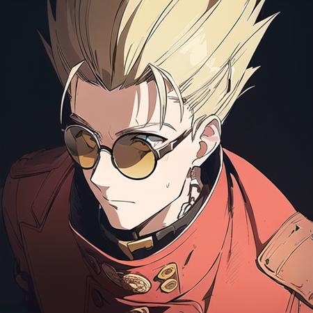 ((1man)), (Vash Stampede), yellow hair, blue eyes, (long red coat), black trousers, yellow eyewear, circle eyewear, standing, portrait, desert background, (masterpiece, best quality, extremely detailed CG, beautiful detailed eyes, ultra-detailed, detailed face, detailed shadows, ambient occlusion, intricate details),  <lora:VashStampede:0.8>