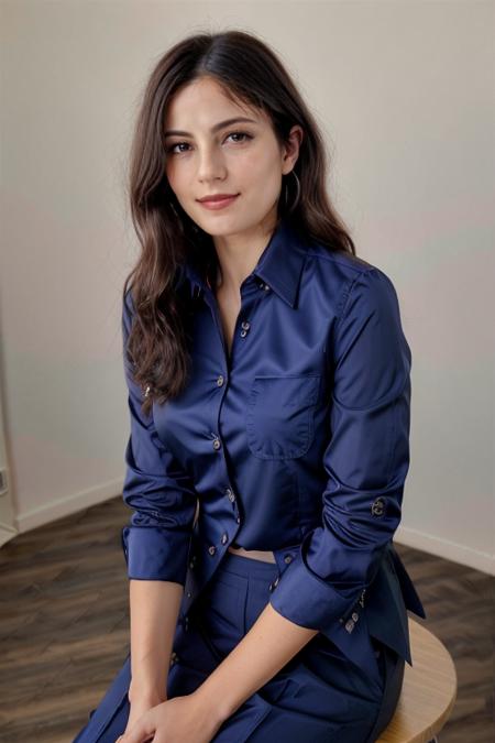 wearing a business suit, Rotary Blue blouse,  birthday party  <lora:Monica1873Bar:1> a woman, m1873b, solo,