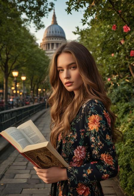 In a Dolce & Gabbana-inspired Matrix setting, 
a 21-year-old fashionista with long, 
flowing hair strikes a confident pose, 
New York landmarks subtly present in the background, 
now beautifully disrupted by London's iconic landmarks glowing under the protective canopy of nightfall, 
the scene's dramatic contrast is artfully enhanced by a serene backdrop of warm sunlight ambience, 
the model flaunts urban-styling clothing, 
captured in photorealistic detail with a Canon EOS 5D Mark IV camera using a 24-70mm f/2.8 lens, 
focusing on her thoughtful expression and the intricate text of a book, 
the warm, 
natural lighting creates a peaceful and inviting atmosphere, 
the background features a winding pathway through trees and colorful flowers in bloom, 
rendered in 16K resolution to emphasize intricate details and vibrant tones