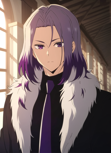 mashle <lora:mashle_offset:1.1>, masterpiece, best quality, 1boy, male focus, solo, multicolored hair, fur trim, gradient hair, upper body, purple eyes, necktie, purple hair, medium hair, closed mouth, indoors, looking at viewer, two-tone hair