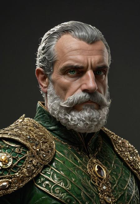 full torso, diadem, tiara, royalty, king bust, crown, emo haircut, undercuthaircut, Photorealistic oil painting of (Handsome:1.1) (Sicilian) (Italian) (Catalan) (French) (bright green eyes) (half-dragon warrior-king:1.2) with (intricate metallic brass scales seamlessly meldedn0.9), 68-year-old, (black grey undercut short hair:1.1), (medieval fantasy clothing:1.2), grimdark fantasy, (medieval) fantasy, high fantasy, epic fantasy, (upper body:1.3) (medium shot:1.3) taken with (fujifilm xt3:1.1), film grain, dark style, raking light dramatic hard shadows, (dramatic lighting:0.9), material contrast, cinematic composition, intricate details, masterpiece, visually stunning, evocative, vivid deep hues, brass, red Crystal, (body transformation:1.2), <dhevv:ds-style:rsd1.5>, realistic eyes, scaleborn, scales, undercut, royal, darkgreen armor, symmetrical armor, Milanese, Venice, Genoa, identical eyes, identical iris, identical pupils. full beard, pointy, large handlebar moustache, dour expression, old man, wise, stoic, athleticman, proud, king, konig, crown, swarthy, cloak, emperor, impirator