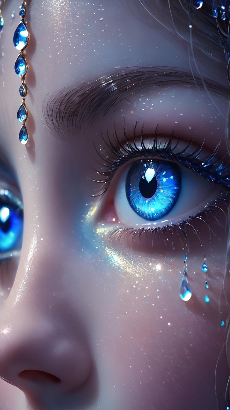 An artistic image of a woman's face with blue eyes and teardrops.
