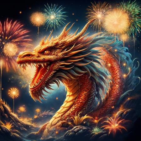 face dragon with fireworks in the background, china (dragon:1.3), dragon art, chinese (fantasy:1.3), legendary dragon, (abstract:1.2),  <lora:DragonsAbstract:0.5>