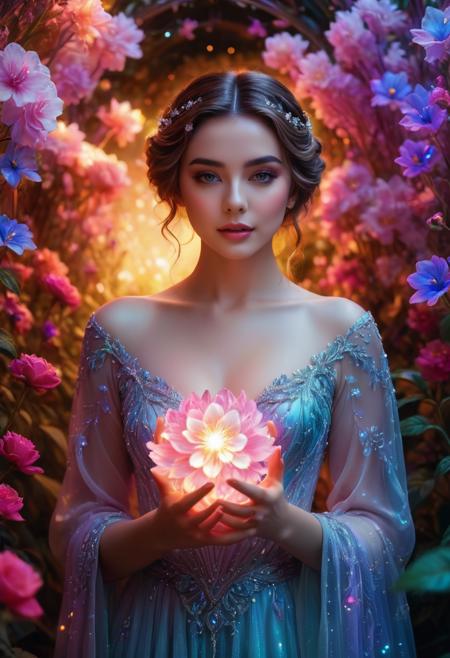 close-up, ((glowwave)) visuals, bright colorpop, cinematic lighting, hypermaximalist, extremely detailed with rich color, An image of a beautiful woman, dressed in an ethereal gown and adorned with flowers, standing at the center of a lush garden. In her hand, she holds a glowing crystal that emits a soft light, illuminating her and the surrounding area. As if by magic, the flowers around her are blooming in vivid colors, creating a mesmerizing display that is both surreal and breathtaking