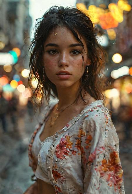 (extremely intricate:1.3), (realistic), portrait of a beautiful 20 year old hispanic girl in a bustling metropolis, weaving through crowded streets and dark alleyways, close up, dimple, Detailed clothes, (((white skin:1.0))), light brown eyes, ((visible skin texture))), flowing black hair, determined expression, shiny glossy skin, subsurface scattering, (sharp:0.7), [(colorful explosion psychedelic paint colors:1.21)::0.05], amazing fine detail, Nikon D850 film stock photograph Kodak Portra 400 camera f1.6 lens, rich colors, lifelike texture, dramatic lighting, urban environment, skyscrapers, neon signs, street vendors, dynamic composition, unreal engine, trending on ArtStation, cinestill 800 tungsten
, volumetrics dtx, (film grain, blurry background, blurry foreground, bokeh, depth of field, motion blur:1.3)<lora:more_details:0.6>