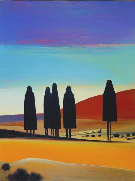 <lyco:SidneyNolan:1.0> album cover of hooded figures in a desert by Sidney Nolan