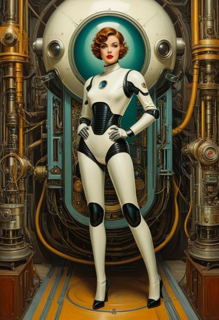 High-angle shot full length oil painting, etching, robot girl retro science fiction pinup girl, wearing a spacesuit , narrow waist, narrow hips, surreal perspective, unusual architecture, robot skin, vintage background, short curly tousled hair, lipstick, eye liner, great legs, hyperdetailed, fine line details, antique art fantasy, viewed from above,