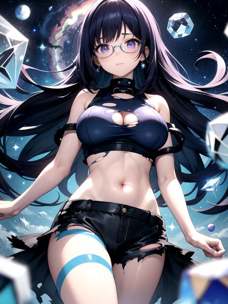 masterpiece, high quality, highly detailed, detailed background, female, large breasts, (galaxy:1.1) eyes, glasses, closed mouth, astrology patterns, (blue:1.1) (crop top:1.1), shredded clothes, body paint, (purple:1.1) jacket, (torn clothes:1.1), very long hair, curly hair, BREAK (crystalline:1.2), (crystalized:1.2), (quarts:1.2), (crystal:1.2), (quantum:1.1) illusion, universe, (space:0.4), abstract, complex, (divergence:1.1), (oceanic:0.9) view, (underwater:0.5), (broken:1.1) clouds, (shattered:1.2) lens, fish eye lens, (from below:1.1), face shot, visible shreds, stars, planets, magical (spheres:1.2), (cubes:1.1), diamonds, dripping, (water:0.7), (splashes:0.9), wind (swirls:1.2), (waves:0.7), (moon:0.6)