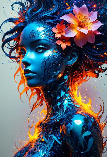 A 3D alcohol ink masterpiece portrays a woman encased within a vibrant and intricately designed flower, featuring flamed-like petals. The petals display a gradient of hues, transitioning from a deep red at the base to a fiery orange at the tips. As the petals part, her bare, sculpted form is revealed beneath. The flower's center emanates a radiant yellow, akin to a luminous sun. The artwork features an array of vivid, splashy colors that seamlessly blend together, encapsulating the mystique of this captivating yet slightly dark and mysterious figure. A subtle artist's signature, 'ai Jonas,' is located in the top right corner. The piece is an abstract graffitipunk portrait of a woman, with her right side enveloped by sleek, angular cybernetic implants that shimmer with a metallic blue hue. Her human aspect is characterized by expressive brushstrokes of neon pink, vibrant orange, and deep navy, evoking a sense of movement and energy. Her cybernetic eye emits a faint glow, casting shadows over her metallic visage, while her human eye sparkles with