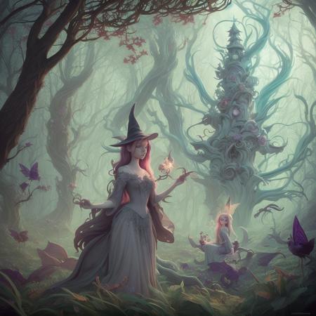 witch, digital painting, dreamlike, intricate details, sharp focus, trending on artstation, art by lois van baarle and loish and ross tran and rossdraws and sam yang and samis arts and artgerm, fairy tales, pixar, disney, dreamworks style, surrounded by magical fairies in a dreamlike forest,