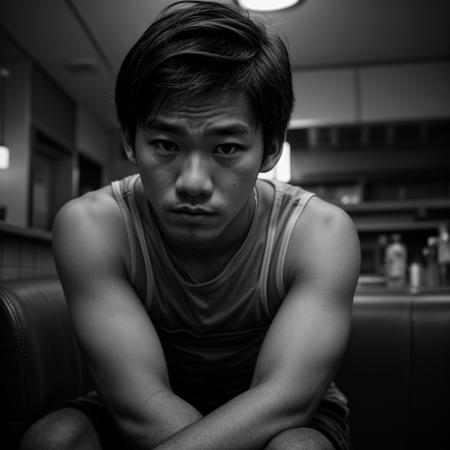 Gritty Portrait Photo of a weary,rugged individual sitting in a sparse,nondescript diner,his eyes betraying a sense of resigned acceptance,illuminated by the stark,fluorescent light overhead,from a close-up perspective,showcasing the film's exploration of fate,inevitability,and the changing nature of the world,<lora:more_details:0.7>,<lora:picxer_real:0.7>,male,teen,asian face,