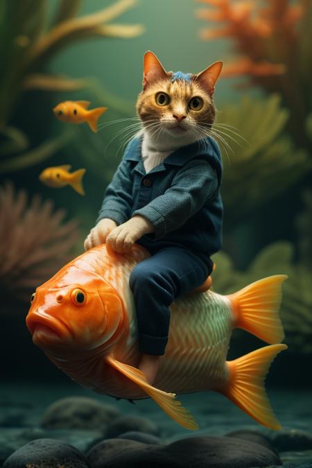 a hqcat <lora:hqcat1.0:3>, riding on fish  <lora:riding_a:0.5>