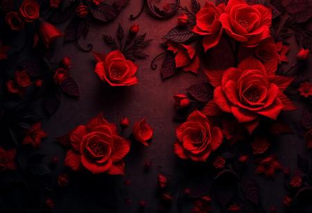 red floral ghostly Halloween spooky wallpaper, intricate patterns, dark gothic elements, high detail, eerie atmosphere, vivid colors, cinematic lighting, digital art, texture-rich, hauntingly beautiful design