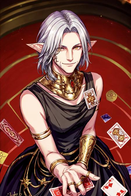 Urianger,  looking at viewer,  smile,  holding,  jewelry,  closed mouth,  flower,  sleeveless,  blurry,  blurry background,  from above,  ring,  card,  holding card, <lora:EMS-48060-EMS:0.800000>