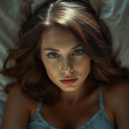 a 32 year old female with long, brunette, wavy hair, gazing directly at the camera. she us laying in a bed, dressed in a light blue tank top with a subtle pattern. The soft, natural lighting enhances their features, creating a warm and inviting atmosphere. The background is softly blurred, drawing attention to the subject's expressive eyes and serene expression, suggesting a relaxed moment in a cozy setting, realistic photo, hyperrealistic, hyper realistic, photorealistic, photo realistic, cinematic shot, dynamic lighting, 75mm, Technicolor, Panavision, cinemascope, sharp focus, fine details, 8k, HDR, realism, realistic, key visual, film still, cinematic color grading , cinematic shot, dynamic lighting, 75mm, Technicolor, Panavision, cinemascope, sharp focus, fine details, 8k, HDR, realism, realistic, key visual, film still, cinematic color grading, depth of field