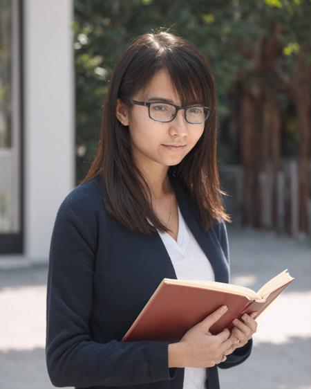 A perfect photograph of a woman wearing glasses holding a book