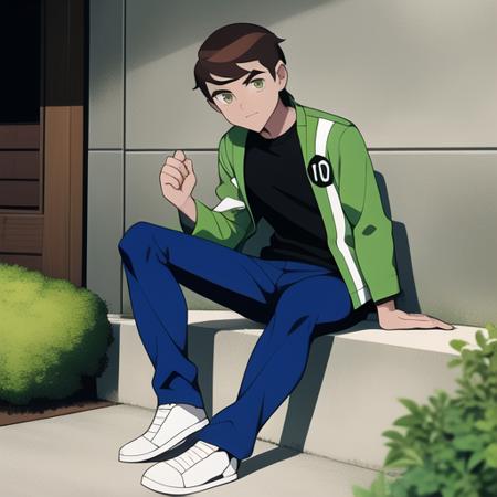 benuaf 1boy, brown hair, blue pants, green jacket