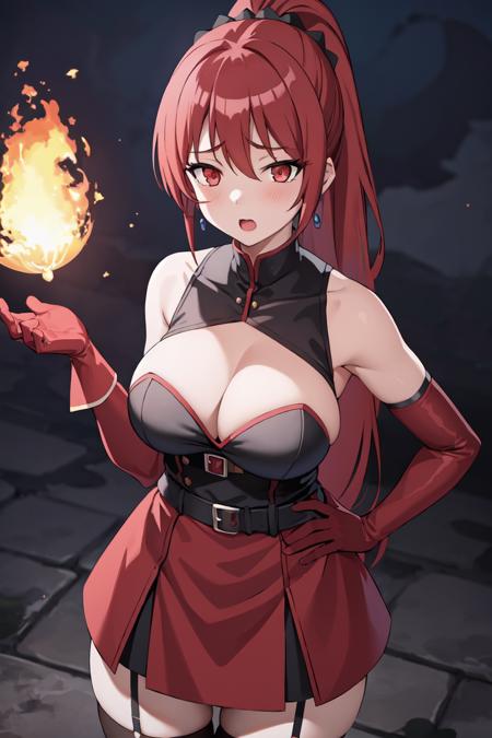 1girl, bangs, bare_shoulders, blue_sky, blush, breasts, cleavage, cloud, cloudy_sky, day, earrings, eyebrows_visible_through_hair, garter_straps, gloves, hand_on_hip, jewelry, large_breasts, long_hair, looking_at_viewer, open_mouth, outdoors, ponytail, red_eyes, red_gloves, red_hair, skirt, sky, solo, thighhighs
maya Ikusaba <lora:Maya IkusabaV3:0.7> ((best quality)), ((masterpiece)), (detailed)
(interview:1.3), (dark background, fire:1.3)