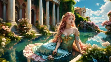 Neoclassicism,holding a delicate flower in her hand,((masterpiece)),((best quality)),8k,high detailed,yuukananri,green eyes,with long pink hair,Wide-angle shot of a noblegirl sitting gracefully by a pool in a floating fantasy courtyard,her red gown flowing around her,surrounded by soft clouds at her feet,intricate fantasy architecture with tall towers and lush gardens in the background,sky with soft blue and golden hues,calm water reflecting the surroundings,ethereal atmosphere,gentle sunlight illuminating the scene,serene expression,long flowing hair,intricate jewelry,calm and peaceful mood,soft breeze moving the flower gently,ultra-detailed,<lora:detailed_notrigger:1>,<lora:xl_more_art-full_v1:1>,ancient Rome and Greece inspired,idealic,sober colors,Neoclassicism,<lora:yuukananri-base-02-XL:0.6>,