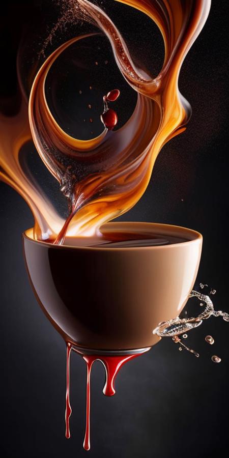 (Liquid Splash Fluid Art:1.2) Gravity-Defying Coffee Pour: A cup of dark, robust coffee suspended in mid-air, the rich, steaming liquid spiraling upwards in a mesmerizing anti-gravity display. The stream of coffee swirls and dances, an enticing aroma wafting from it. The scene, meticulously crafted using Cinema 4D's fluid simulation at an aperture of f/2.8, ISO 400, and a shutter speed of 1/60 sec, creates a fascinating juxtaposition of the ordinary and the surreal. The final render, enhanced using Gamma Correction and Tone Mapping, presents a dreamlike take on a morning ritual, paying homage to the styles of Alex Roman and Beeple.