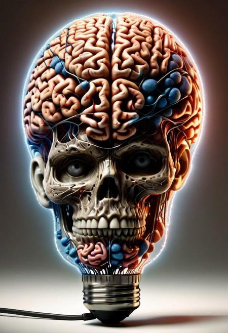 (best quality, 4k, 8k, highres, masterpiece:1.2), ultra-detailed ,illustration, a light bulb with a brain inside of it, face made of bulb light bulb parts, radiant light,
Backlit,
Powerful light emitted,
Idea symbol background,
Smart,
 masterpiece, epic visuals, detailed, ultra detailed, depth of field, dynamic angle,
rsmls, surreal, abstract, dark, russ mills, ral-braynclz,