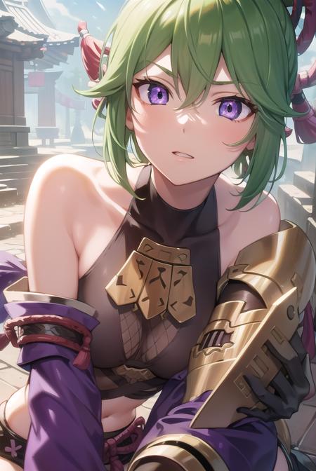 shinobu kuki, green hair, hair between eyes, ponytail, short hair, (purple eyes:1.1), armor, bare shoulders, black gloves, cropped jacket, fishnet top, fishnets, gloves, gold trim, hair ornament, jacket, leg armor, midriff, off shoulder, partially fingerless gloves, purple jacket, shirt, short shorts, shorts, shoulder armor, sleeveless, sleeveless shirt,