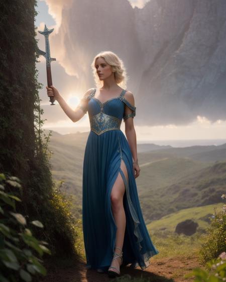 a woman in a blue dress holding a sword, a character portrait, cgsociety contest winner, fantasy art, whimsical, fantasy,  hd, dress crystal crystallized  pastel ornate drops transparent, hair blonde , fantasy, Medieval,  epic hyper-detailed masterpiece ultra-wide, cinematic still , glamour hyper shoot , bokeh, pre-raphaelite, photo, realistic,  octane render,  35 mm, photography , 8k resolution , 8 k, cinematic lighting,  photographic, Eastman Kodak Color Negative film 5251 50T shot on panavision super , art by  Bagshaw Tom, stanley, greg rutkowski, thomas kindkade, norman rockwell