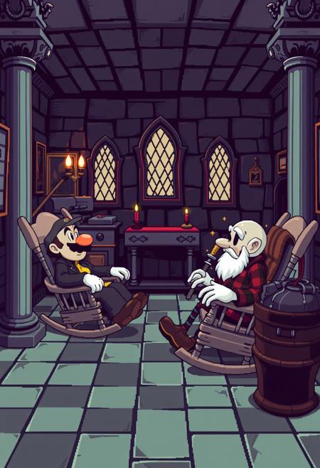 PIXEL ART, ELDER MARIO BROS AND ELDER BOWSER IN ROCKING CHAIRS IN AN ASYLUM HAPPY