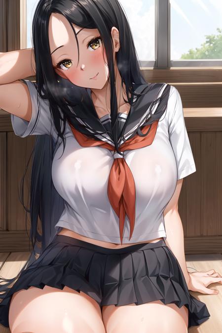 (day:1.7), in a room with a window,
sitting on the floor,
pleated skirt, school uniform, serafuku, short sleeves, skirt,
<lora:Nanakas_Paradise-KK77-V2:0.7>,
Black eyes, Black hair,bangs, Long_hair, yellow eyes,forehead,parted bangs,
1 girl, 20yo,mature female,Beautiful Finger,Beautiful long legs,Beautiful body,Beautiful Nose,Beautiful character design, perfect eyes, perfect face,
looking at viewer, in the center of the image,focus on face,
NSFW,official art,extremely detailed CG unity 8k wallpaper, perfect lighting,Colorful, Bright_Front_face_Lighting,
(masterpiece:1.0),(best_quality:1.0), ultra high res,4K,ultra-detailed,
photography, 8K, HDR, highres, absurdres:1.2, Kodak portra 400, film grain, blurry background, bokeh:1.2, lens flare, (vibrant_color:1.2)
(Beautiful,Large_Breasts:1.2), (beautiful_face:1.5),(narrow_waist),