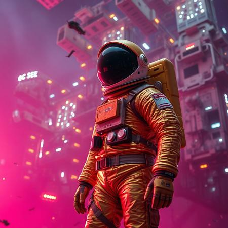 A cinematic shot of an astronaut in a vibrant golden spacesuit standing in the foreground, with a massive, intricate space station or spacecraft as the backdrop. The space station is adorned with numerous lights, windows, and technical details. The astronaut's suit is equipped with various gadgets and patches. The atmosphere is filled with floating debris and a hazy magenta glow