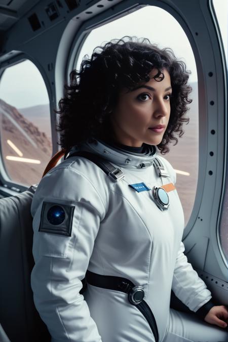 cinematic film still of <lora:VinaAsikiSDXL-000006:1>, (full-body photo:1.1) 40 yo VinaAsikiSDXL in a spacesuit, inside a spaceship, huge window with view to the galaxy of andromeda, black curly hair, shallow depth of field, vignette, highly detailed, high budget, bokeh, cinemascope, moody, epic, gorgeous, film grain, grainy