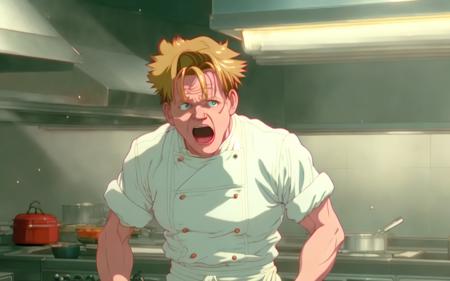 (1990's anime style animation)+ of gordon ramsay in the restaurant kitchen screaming "where's the lamb SAUCE"