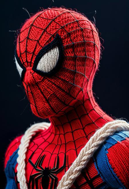 Surrealism, Closeup portrait of knitted spider-man made out of Yarn, detailed