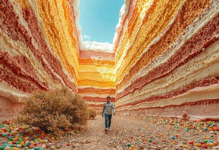 man walking at the bottom of the rainbow cake valley. The valley is made from cake and cream. walking between narrow towering, huge cake and huge topping cream. canyon of giant layered cake. bush of shiny candies. chip gravel spread along the path.