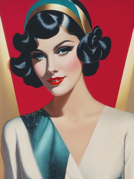 <lyco:RolfArmstrong:1.0> a white dress and headband, in the style of retro hollywood glamour, captivating light effects, coles phillips, close-up shots, dark cyan and silver, light gold and red, bob ringwood