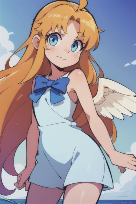 1girl, heaven, pearly gates, god rays, 80's anime style, <lora:filoTateNoYuusha_v10:0.5> filo, clouds, mist
upper body, filo, 1girl, solo, embarrassed, closed mouth, white wings, hite dress, blue bow, long hair, blue eyes, looking at viewer, parted bangs, bent over, arms behind back, <lora:filo2-05:0.9>, claymation