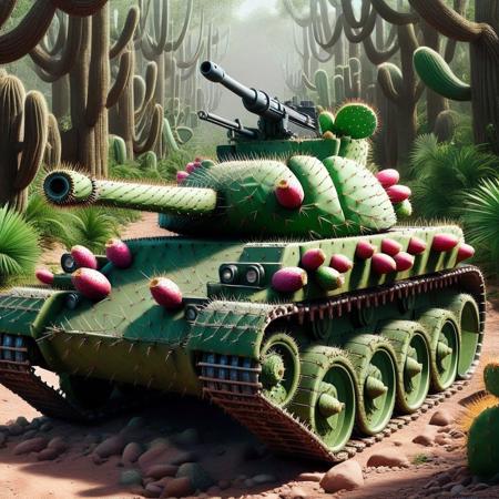 [tank]tank panzer wagon, gun barrel, driving through the jungle and desert, tech  <lora:Prickly Pear Style v1:1>, Prickly Pear Style,